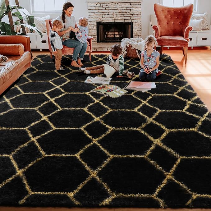 7x9 Area Rugs for Living Room Bedroom, Large Boho Fluffy Black and Gold Throw - Image 7
