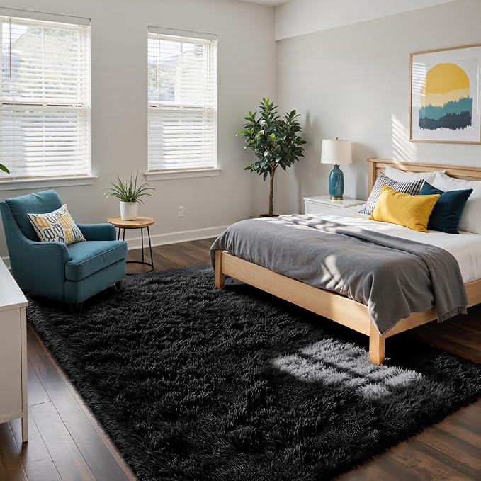 Black 8x10 Area Rugs for Living Room, Fluffy Shag Rug Large Bedroom Carpet | - Image 2