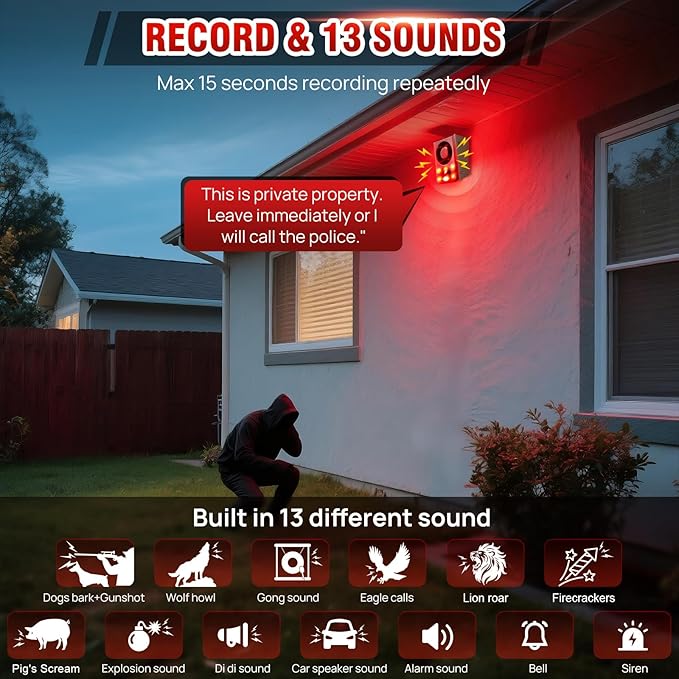 Solar Outdoor Motion Sensor Alarm, Dog Barking&Gunshot Sound,130db Loud Noise Maker,Support Recording,13 Kinds of Sound and Strobe Light to Deter Raccoons, Deer, Skunks, Bears, and Coyotes