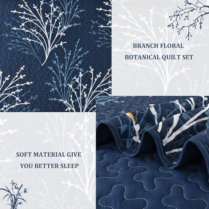 DJY Navy Quilt Set King Size Branch Botanical Bedspread Coverlet Set | 3 Pieces - Image 5