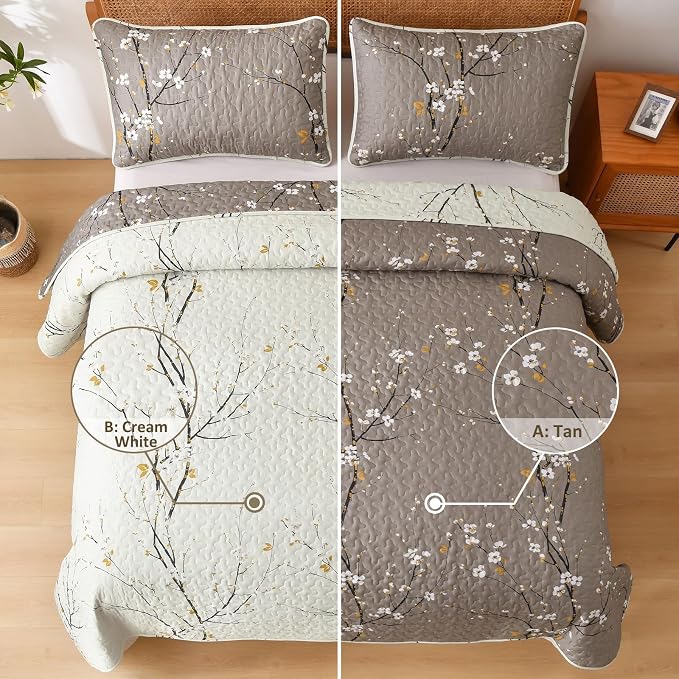 DJY Quilt Set Queen Size, Branch Botanical Bedspread Coverlet, Tan &Cream | - Image 3