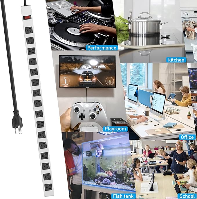 JUNNUJ Metal 16 Outlet Power Strip, Mountable Heavy Duty Power Strip, 1200J Surge Protector Wall Mount Screws Outlet with Switch, Gaming Desk Strips Wide Spaced 15A 125V 1875W, 10 FT 14AWG Power Cord