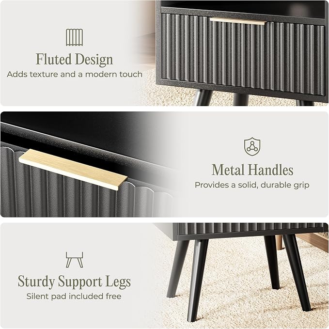 Huuger Nightstand with Charging Station, USB-C Port, End Table | Fluted Night - Image 8