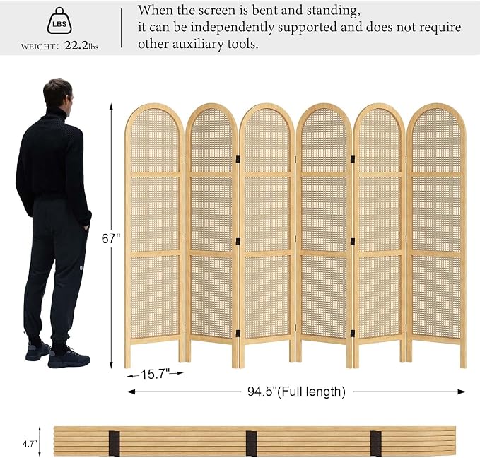 Svimi Room Dividers and Folding Privacy Screens, 5.6 Ft Double Hinged Rattan - Image 6