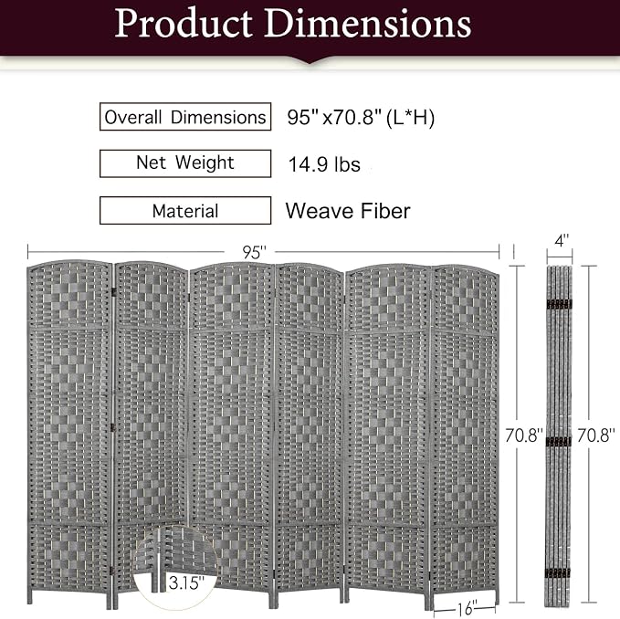 RHF Room Divider Panel, Partition Room Dividers, 6 Panel Privacy Screen - Image 2