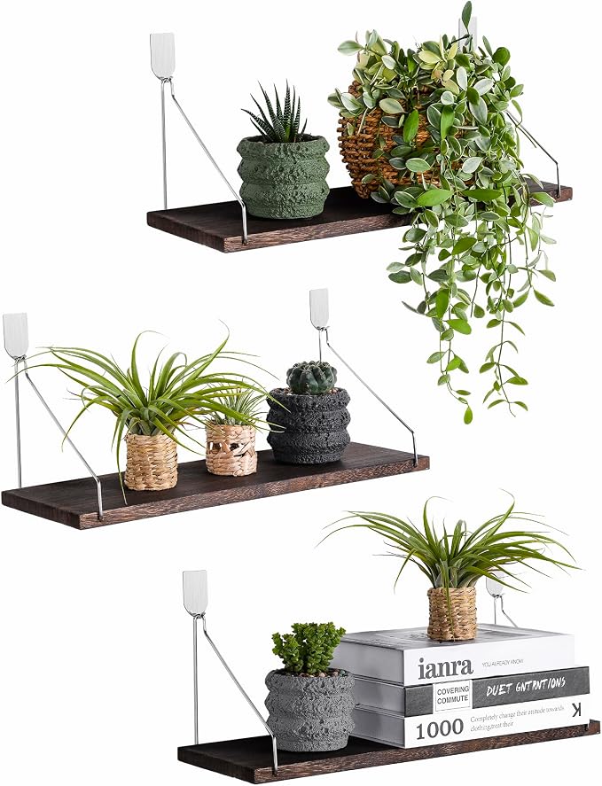 Floating Wall Shelves, Rustic Wood Wall Mounted Shelf Set of 3 | No Drill by MITIME