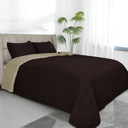 Easy-Going Full/Queen Size Reversible Quilt Set with 1 Quilt and 2 Pillow Shams, Soft Bed Quilt Cover, Water Resistant Lightweight Microfiber Bedspread, Stain Resistant, Damask-Chocolate/Beige