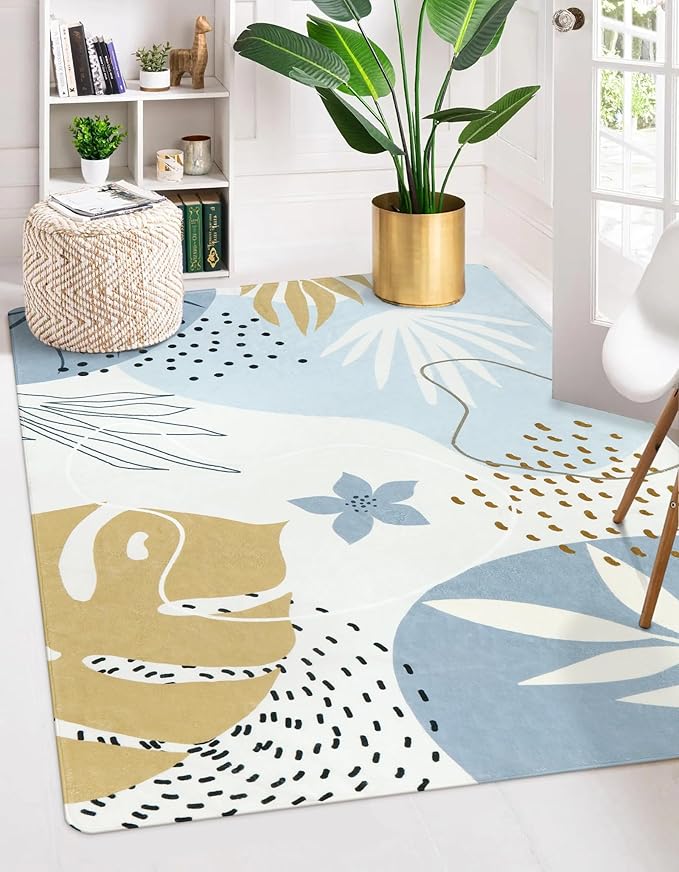 Lahome Boho Washable Blue Rug - 3x5 Small Non-Slip Low-Profile Carpets for Living Room, Bedroom, Entryway, Laundry Room, Kitchen, Office