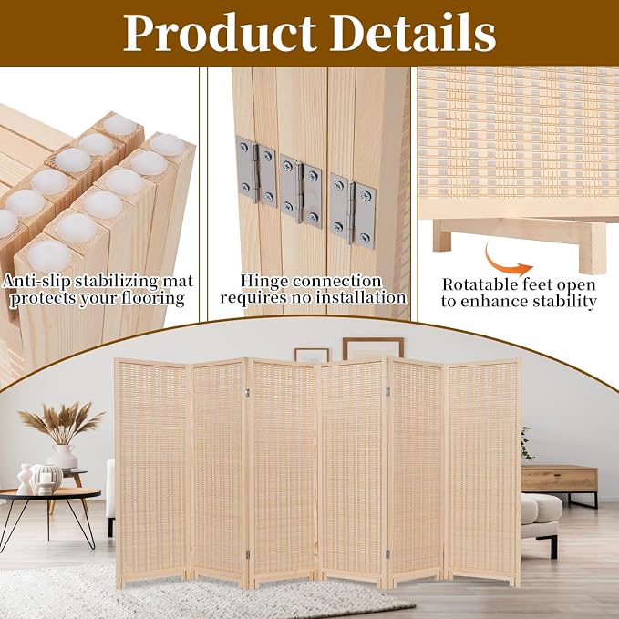 Bamboo Room Divider 6 Panel 47" H, 360°Rotating Feet Privacy Screen, Portable - Image 6