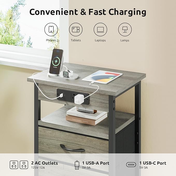 Lazzanto Night Stand with Charger Station, 2 Fabric Drawers, Bedside Table - Image 5