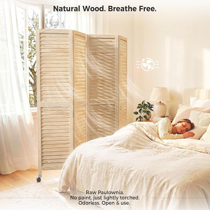 Amsleekey 4 Panel Wood Room Divider, Lockable Wheels, Freestanding Wall Divider - Image 8