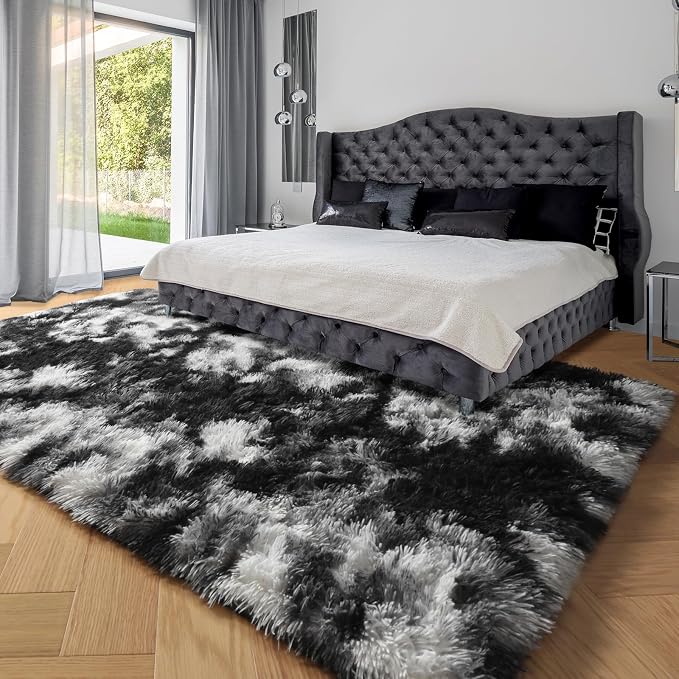 Black White Grey Bedroom Rugs 4x6 Ft, Soft Fluffy Fuzzy Plush Indoor Floor Area - Image 4