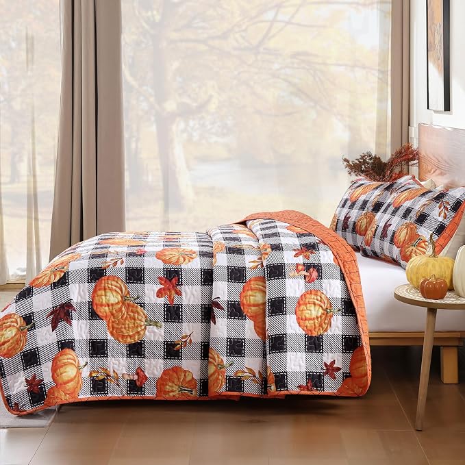 Anibedding Fall Patchwork Quilt King Size, Soft Pumpkins Maple Leaves Themed - Image 5