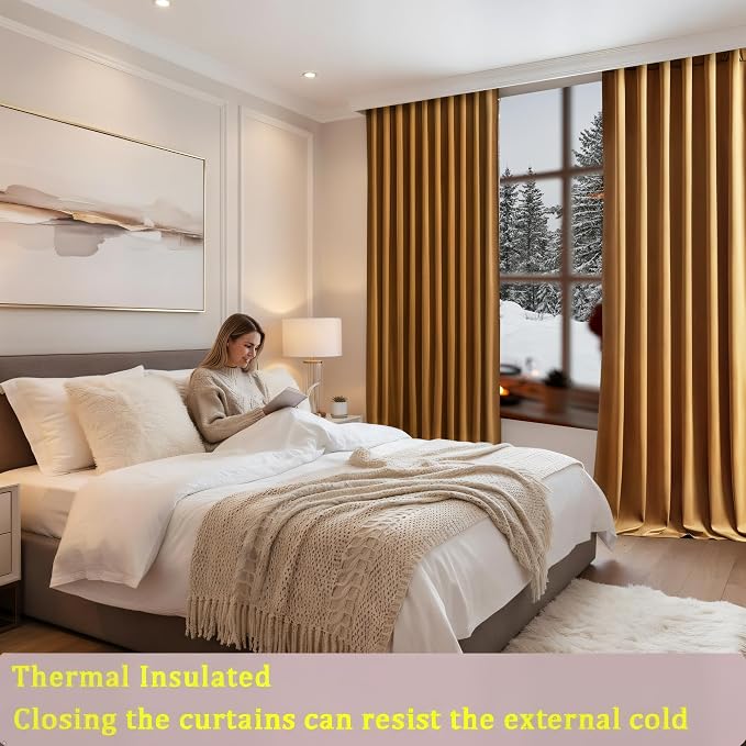 Timeper Gold Brown Velvet Curtains 108 inches 2 Panels, Light Blocking Curtains - Image 3