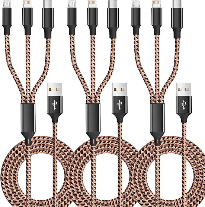 Multi Charging Cable,(3Pack 4FT), Multi Charging Cord 3 in 1 Charging Cable Nylon Braided Universal Charger Phone Charger Cord with Type-C,Micro USB,IP Port for iPhone16/15 Series/Phone&Pad