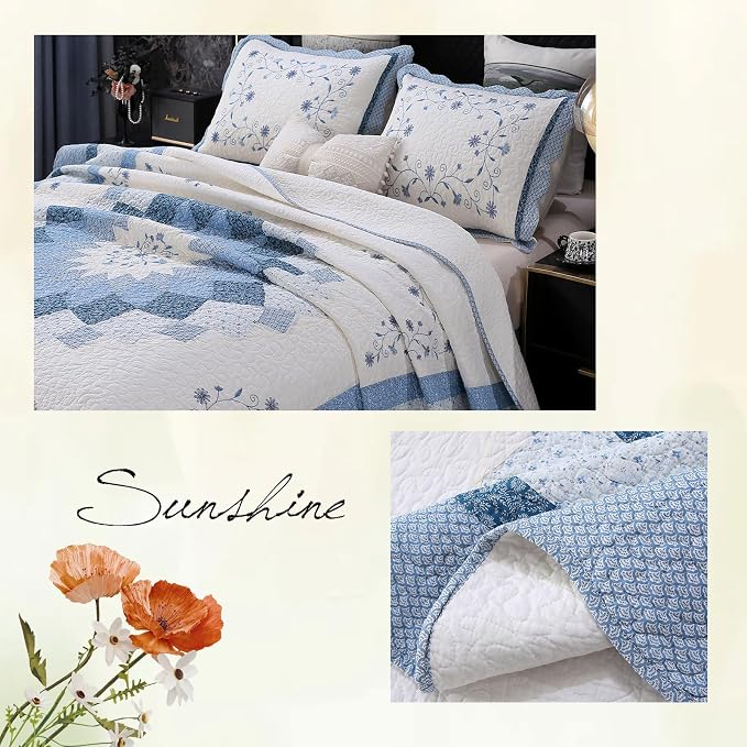 ROOMLIFE Quilt Set Queen Size 3D Floral Embroidery Pattern 3-Piece Cotton | - Image 6