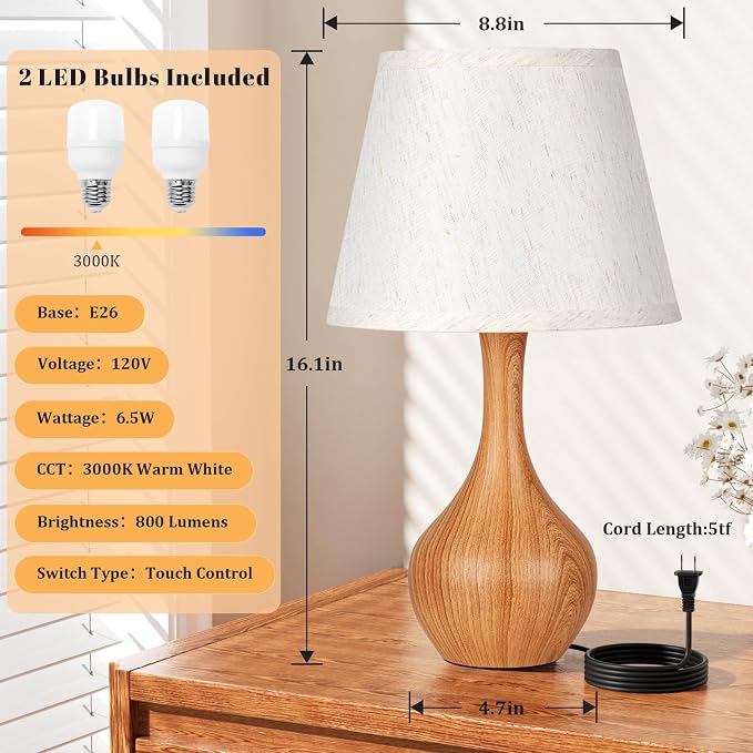 16.1" Touch Table Lamp for Nightstand, Dimmable Small Bedroom Lamp Set of 2 | - Image 5