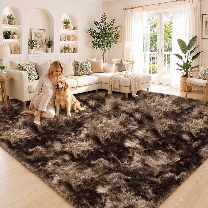 Area Rugs10x14 for Living Room, Dark Coffee Tie-Dyed Large Shaggy Plush Rugs | - Image 2