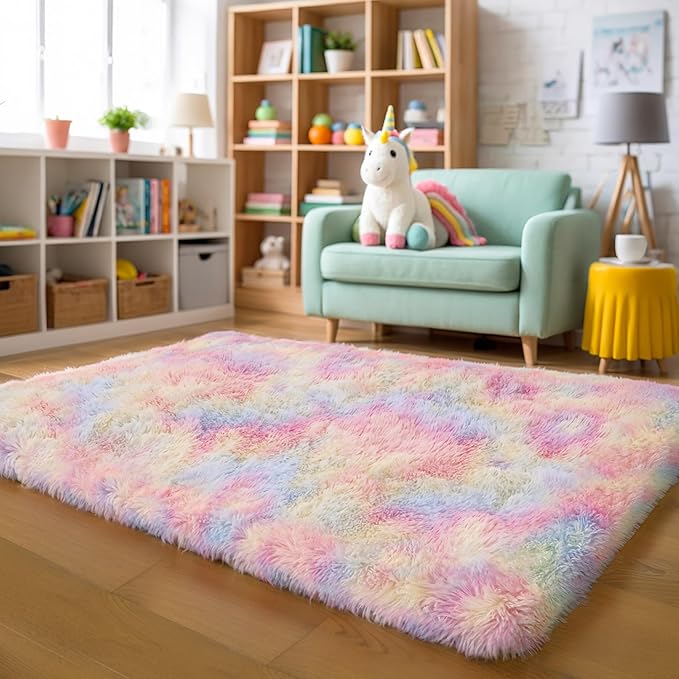 KICHOWUA 4x6 Thick Rainbow Unicorn Fluffy Shag Plush Rug by KICHOWUA