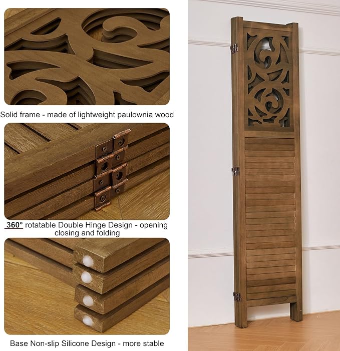 Svimi Folding Room Divider, 5.6Ft 4 Panels Wood Carved Privacy Screens - Image 2