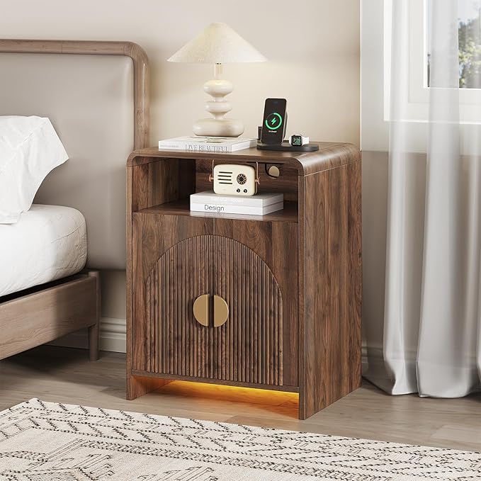 Nightstand with Charging Station and LED Lights, Night Stands with Adjustable Storage Cabinet, Modern Side Table with Fluted Doors and Open Storage, Bedside Table for Bedroom, Walnut