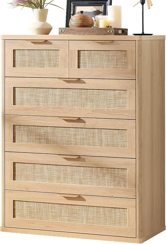 LEYAOYAO Rattan Dresser for Bedroom, Oak Modern 6 Drawers Boho Dressers by LEYAOYAO-Findtheshiningpointofyourideallife%EF%BC%81