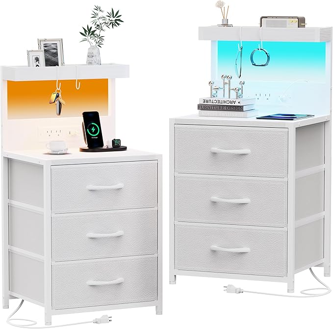 LED Night Stand with Charging Station Set of 2, 3 Fabric Drawer, End Side Table by SZLHANJZ