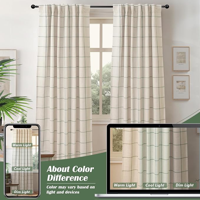 DriftAway 100% Blackout Plaid Linen Curtains W52xL63 Loden Green | 100% Blackout - Image 7