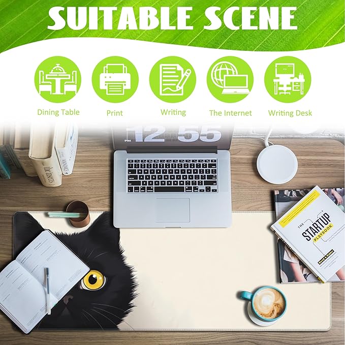 Eflxamz Desk Pad,Black Cat Desk Mat,Cute Cat Large Gaming Mouse Pad for Desk,Extended Big Computer Keyboard Mouse Pad with Non-Slip Base and Stitched Edge,31.5"x11.8"