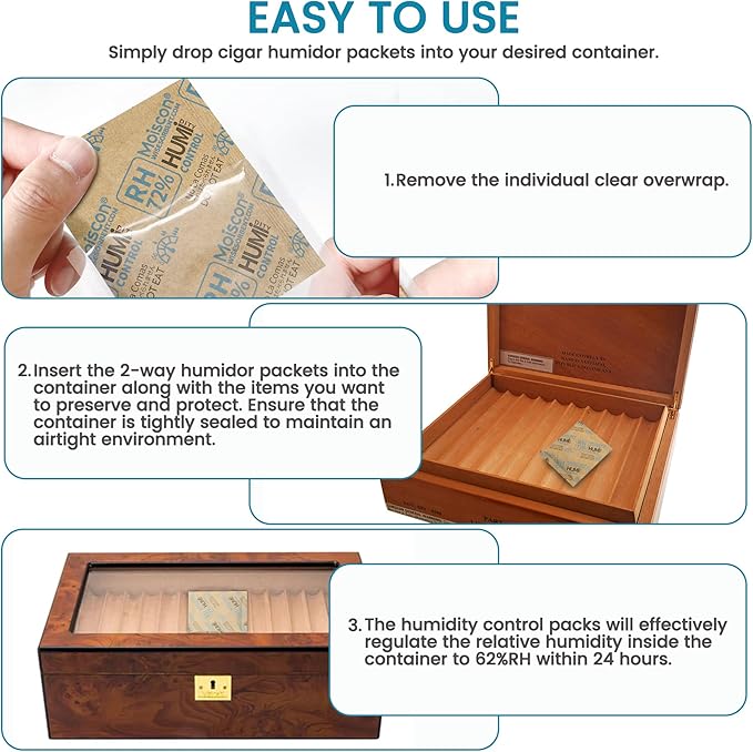 Wisesorb 72% Two-Way Humidity Control Packs- 8 Gram Moisture Absorbers for Herbs, Wood Humidifier Boxes - Natural Craft Paper Design, Individually Sealed Packets, Prevents Leaks [15 Pack]