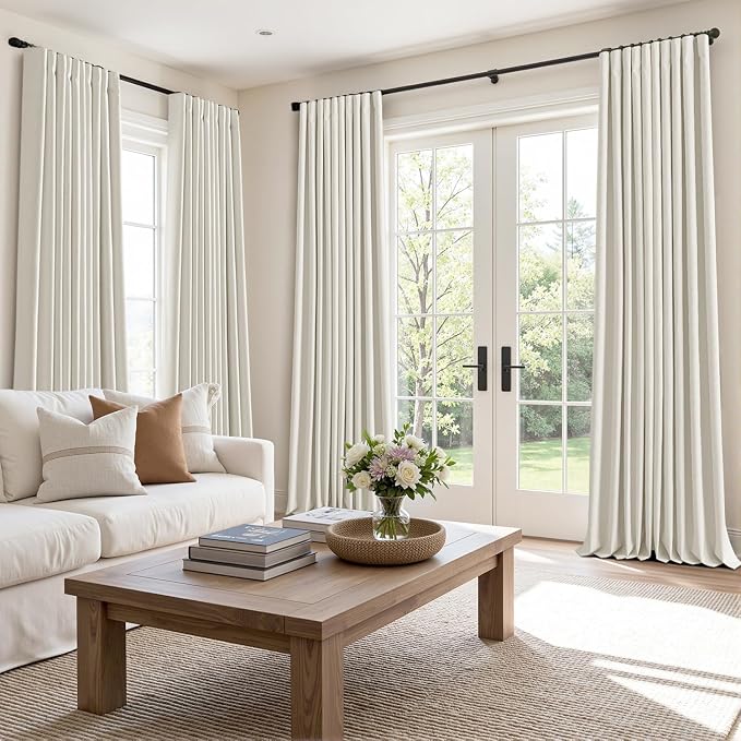 MIULEE 100% Blackout Back Tab Pleat Linen Curtains 50" Wx102 L, Ivory | 2 Panels - Image 2