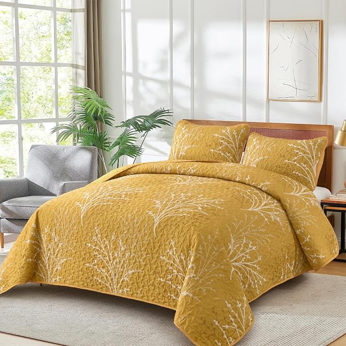 DJY Yellow Quilt Set Queen Size Branch Botanical Bedspread Coverlet Set | 3 - Image 2