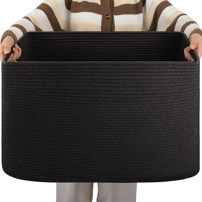 OIAHOMY XXLarge Rectangle Blanket Basket-96L, Cotton Woven Basket by MasterofSpaceOptimization