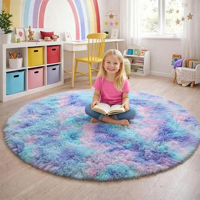 Amdrebio Purple Rainbow Mermaid Shag Round Rug 4Ft - Image 4