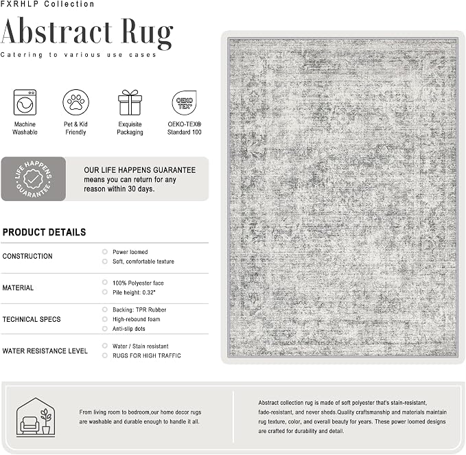 Area Rug Living Room: 4x4 Modern Washable Soft Carpet Black Grey | - Image 3