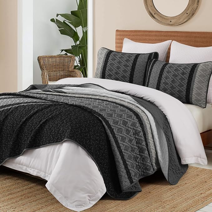 Dinjoy Quilts King Size, Striped Bedspread Bedding Sets, Dark Grey | 3 Pieces - Image 4