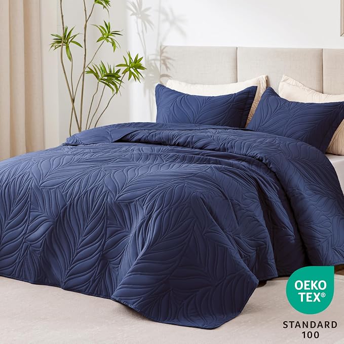 EXQ Home King Quilt Set Leaf Pattern Navy Bedspread | Soft Microfiber Bedspread - Image 2