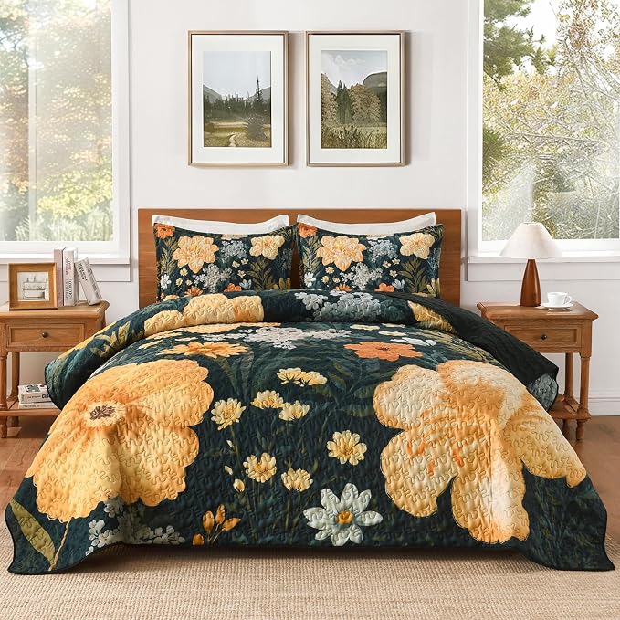 California King Quilt, Cal King Oversized Green Floral Bedspread | 3 Pieces by Andency