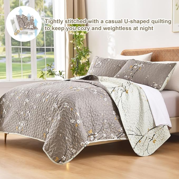 DJY Quilt Set King Size, Branch Botanical Bedspread Coverlet, Tan &Cream | - Image 2