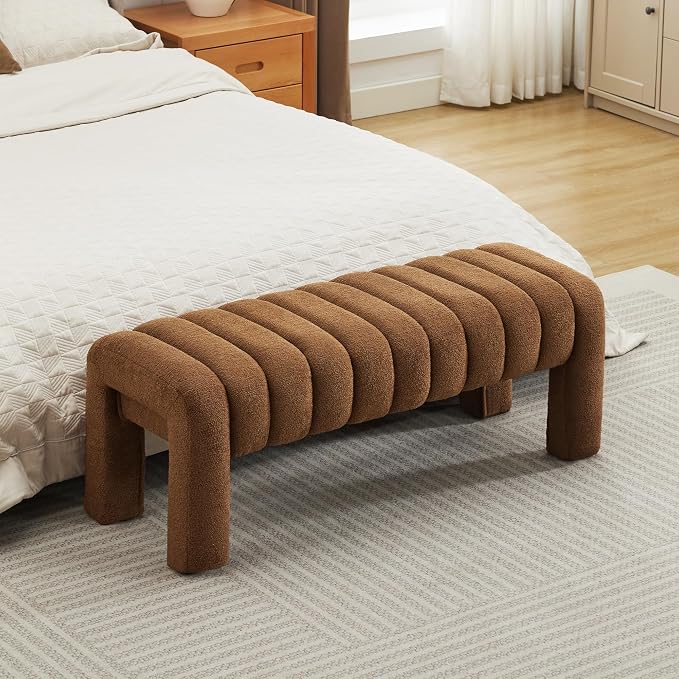 43" Upholstered Boucle Bench, Rust Brown | Padded Ottoman Bench, Sherpa Window - Image 7