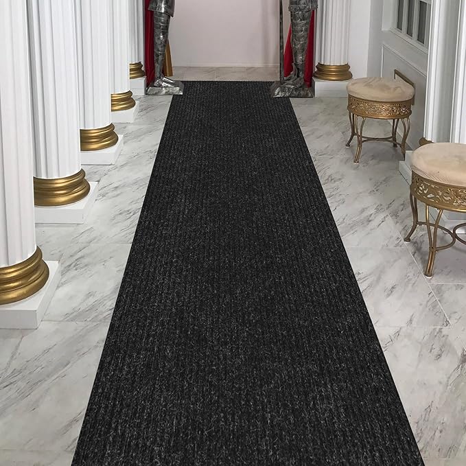 Ottomanson 2' x 55' Hallway Runner with Scraper Pile Extra Durable Non-Slip Rug Mat for Indoor & Outdoor Use - Ideal for Kitchen, Entryway, Patio & Garage - High-Traffic Carpet, Black