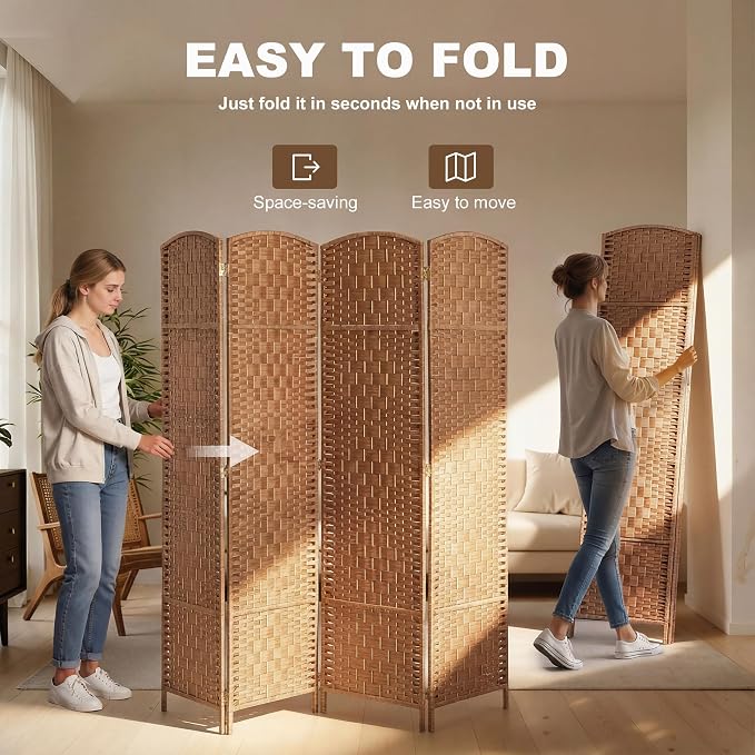 HOMCOM Room Divider 4-Panel, 6FT-Tall Folding Privacy Screen, Natural | - Image 3