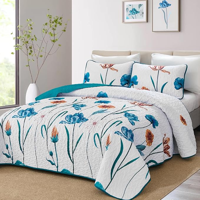 WONGS BEDDING Floral Quilt Set King, Shabby Chic Teal Floral Botanical Pattern - Image 2
