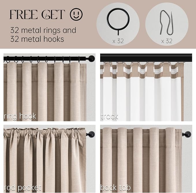 Natural Beige 95 inch bedroom living room curtains 2 Panels 100% Blackout Linen - Image 3