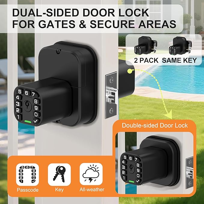Richelock IU52 Double-Sided Keypad Door Lock, All-Weather, Fully Waterproof Keyless Entry with Dual-Sided Programmable Codes, Same Key Both Sides for Outdoor, Indoor, Gate & Fence