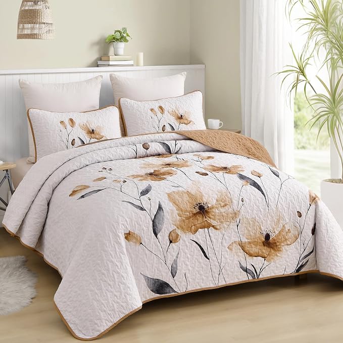 Mybedsoul King Size Quilt Set Brown, Reversible Polyester Coverlet Set - Image 2