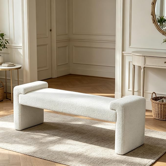 Upholstered Entryway Bench, 58.7" Modern Bedroom Bench, Curved Armrests by CACFTII