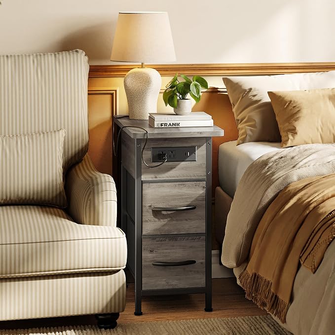 Huuger Narrow End Table with Charging Station, Side Table with 2 Drawers | Slim - Image 6