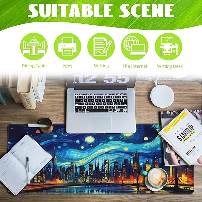 Eflxamz Desk Pad,City Starry Night Desk Mat,Abstract Oil Painting Large Gaming Mouse Pad for Desk,Extended Big Computer Keyboard Mouse Pad with Non-Slip Base and Stitched Edge,31.5"x11.8"