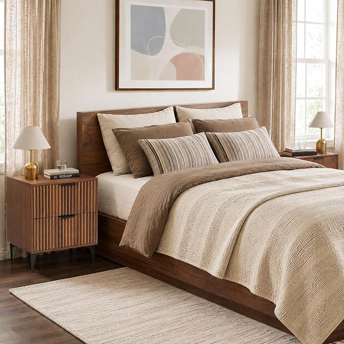Walnut Fluted Nightstand Set of 2, Modern Night Stands - Image 2